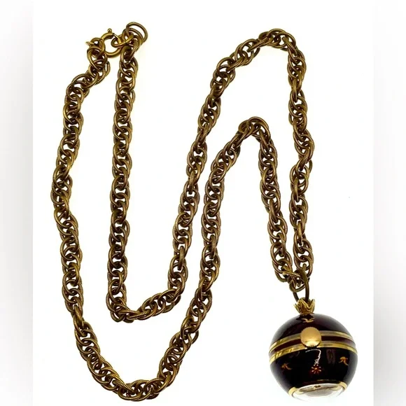 Vintage 1960s Signed Jean Perret Gold Tone Red Enamel Orb Necklace Watch Working - Picture 14 of 14